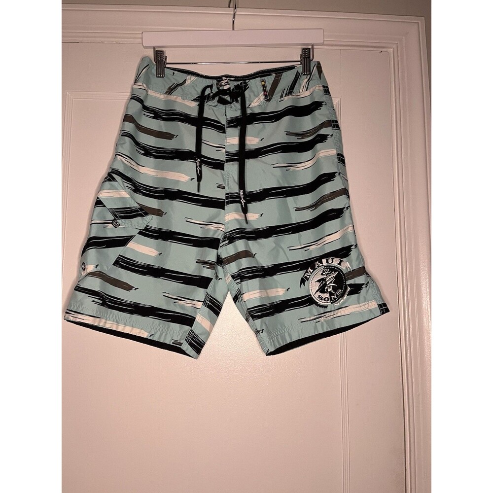 Maui and Sons Board Shorts Striped Light Blue Black Men's Pockets